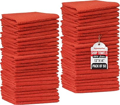 Shop Towels (Red, 50-Pack) - Bulk Cleaning Towel in a Bag, Mechanic Cotton Wipes for Car Maintenance, Auto Mechanics & G