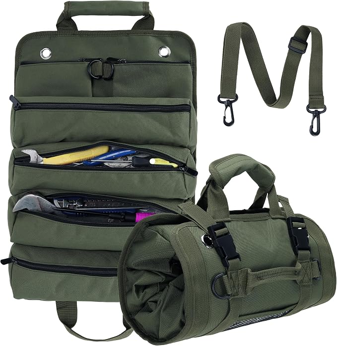 Tool Roll Bag, Tool Bag Organizer, Tool Carrier Roll UP Storage Pouches with 6 Zipper Pockets & Strap, Gifts for Men Mec
