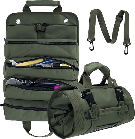 Tool Roll Bag, Tool Bag Organizer, Tool Carrier Roll UP Storage Pouches with 6 Zipper Pockets & Strap, Gifts for Men Mec