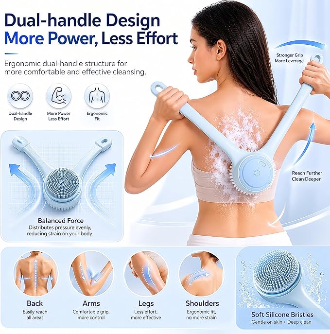 Electric Body Brush Back Scrubber for Shower, Waterproof Long Dual Handle Power Body Scrubber with 4 Heads, Rechargeable Bath Brush & 2 Speeds, for Cleansing, Exfoliating and Massaging Skin