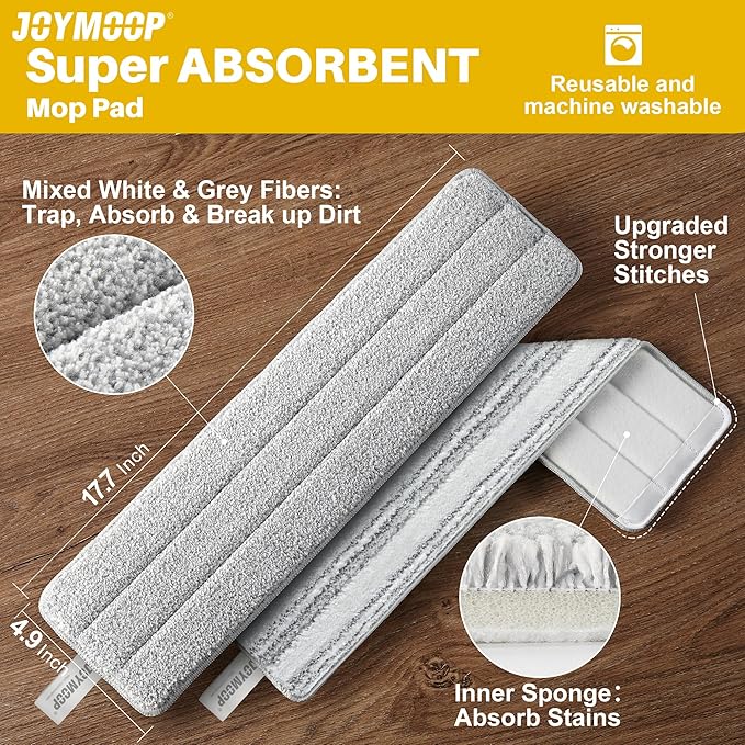 JOYMOOP 17.7-Inch Microfiber Flat Mop Replacement Pads – Washable Reusable Grey & Stripe, Pack of 4 Heavy-Duty Wet & Dry Refill for JOYMOOP Flat Mop & Bucket System