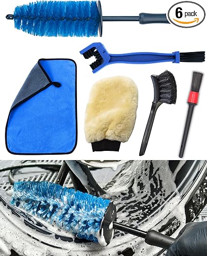 Motorcycle Cleaning Brush Kit 6 Pack, Easy Reach Brush, Chain Brush,Wool Wash Mitt, Stiff Tire Brush, Detailing Brush& M