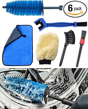 Motorcycle Cleaning Brush Kit 6 Pack, Easy Reach Brush, Chain Brush,Wool Wash Mitt, Stiff Tire Brush, Detailing Brush& M