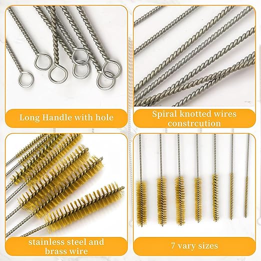 7 PCS Brass Wire Tube Brush Kit Wire Bottle Brushes, 11'' Long-Handle Wire Bristle Cleaning Pipe Cleaner, 6mm/8mm/10mm/12mm/15mm/20mm/22mm Brass Tube Brush for Tubes,Bottle,Keyboards,Glass
