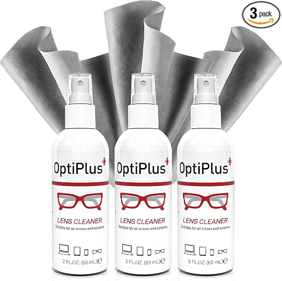 OptiPlus 2 oz. Lens Care Bundle Triple Pack | Streak-Free Lens Cleaning Spray and Microfiber Cleaning Cloth for Glasses,