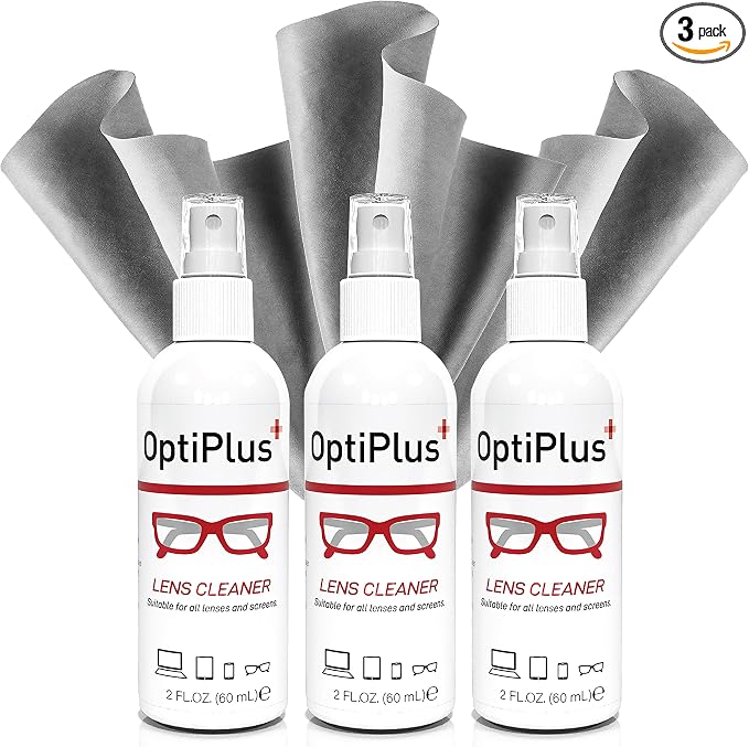 OptiPlus 2 oz. Lens Care Bundle Triple Pack | Streak-Free Lens Cleaning Spray and Microfiber Cleaning Cloth for Glasses,