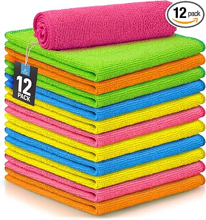 Zulay 12 Pack Microfiber Cleaning Cloths - 12x12 Inch Ultra Absorbent Cleaning Rags for House Washable - Lint Free Micro