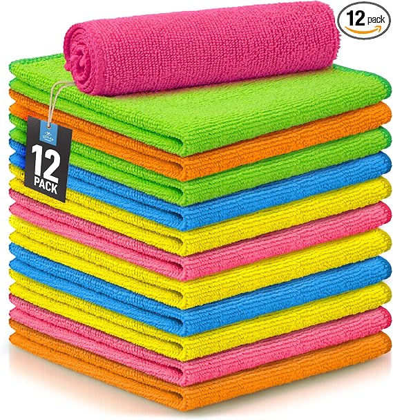 Zulay 12 Pack Microfiber Cleaning Cloths - 12x12 Inch Ultra Absorbent Cleaning Rags for House Washable - Lint Free Micro