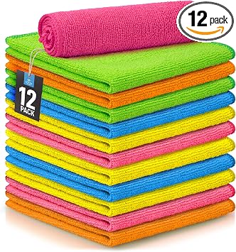 Zulay 12 Pack Microfiber Cleaning Cloths - 12x12 Inch Ultra Absorbent Cleaning Rags for House Washable - Lint Free Micro