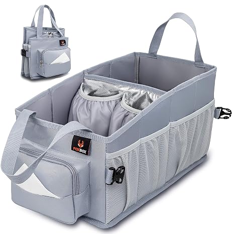 Easy-to-Reach Kids Car Organizer with Tissue Box and Cup Holder for Back Seat, Front Seat, Between Seats, Floor - Tote C