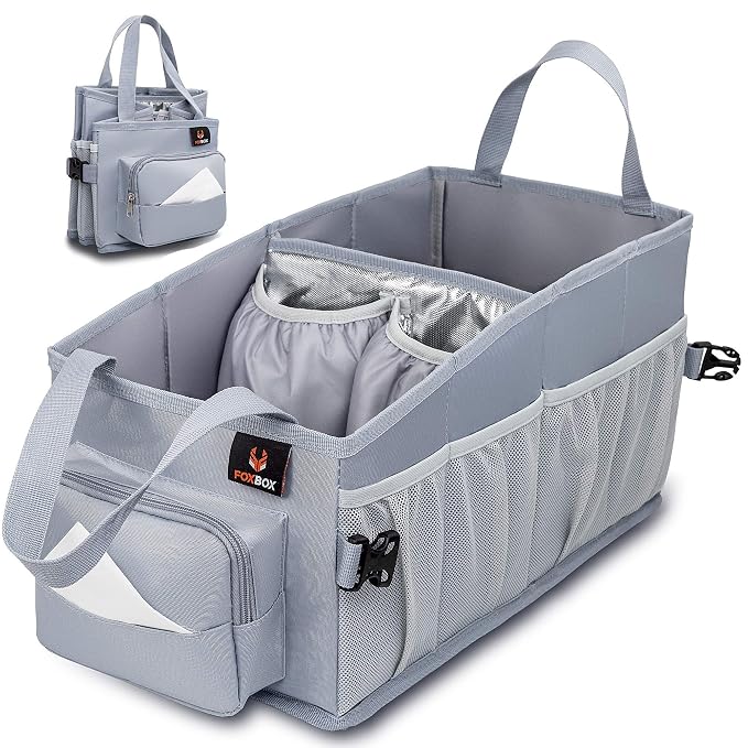 Easy-to-Reach Kids Car Organizer with Tissue Box and Cup Holder for Back Seat, Front Seat, Between Seats, Floor - Tote C