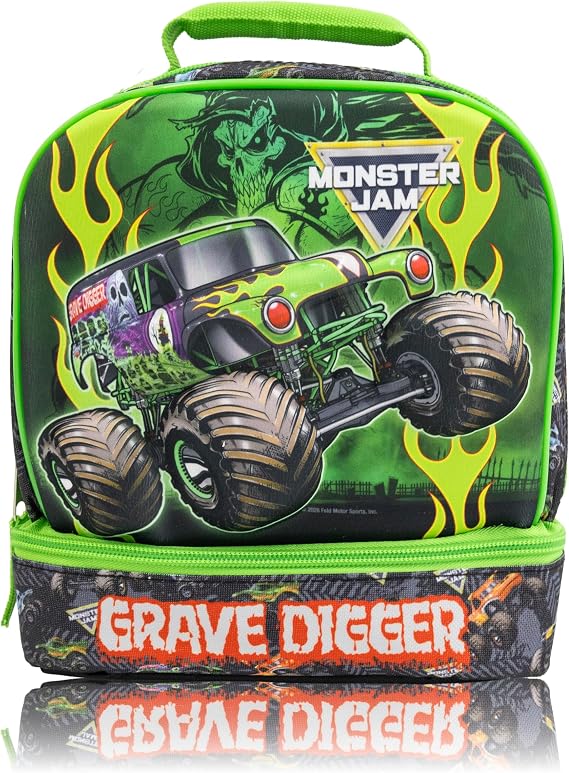 Fast Forward Monster Jam Grave Digger Lunch Bag for Boys | Insulated Drop Bottom Lunch Box with 3D Design | Monster Truc