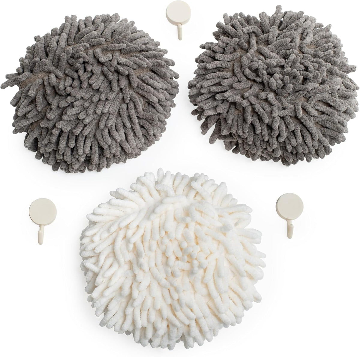 Fluffy Puffins Microfiber Puff Hand Towels & Hooks, 3 Pack, Gray