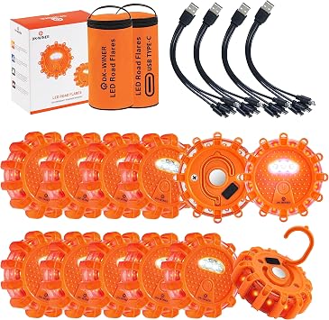 12 Pack LED Road Flares, Type-C Rechargeable Magnetic Safety Kit