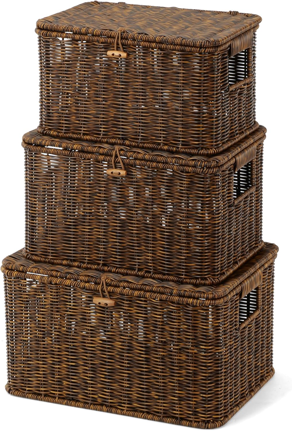 Wicker Storage Basket With lid, Stackable Plastic Bin (Brown, S+M+L)