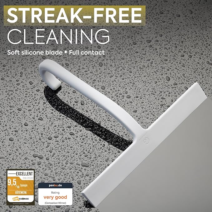 GÜTEWERK Shower Squeegee for Glass Doors – Bathroom Squeegee for Shower Glass & Tile Walls, Streak-Free & No-Squeak Silicone Blade, Stainless Steel Core, Hang Hook + Suction Cup, White, 10 Inch