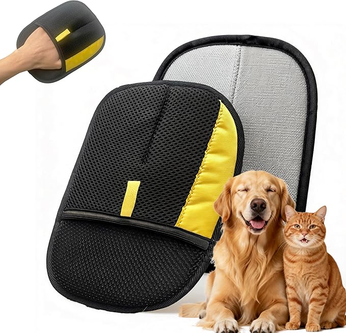 Pet Hair Removal Glove for Dogs & Cats, Reusable Magic Brush Electrostatic Pet Hair Remover Tool for Couch, Carpet, Clothes, Newly Upgraded (Black-Yellow Medium 1-Pack)