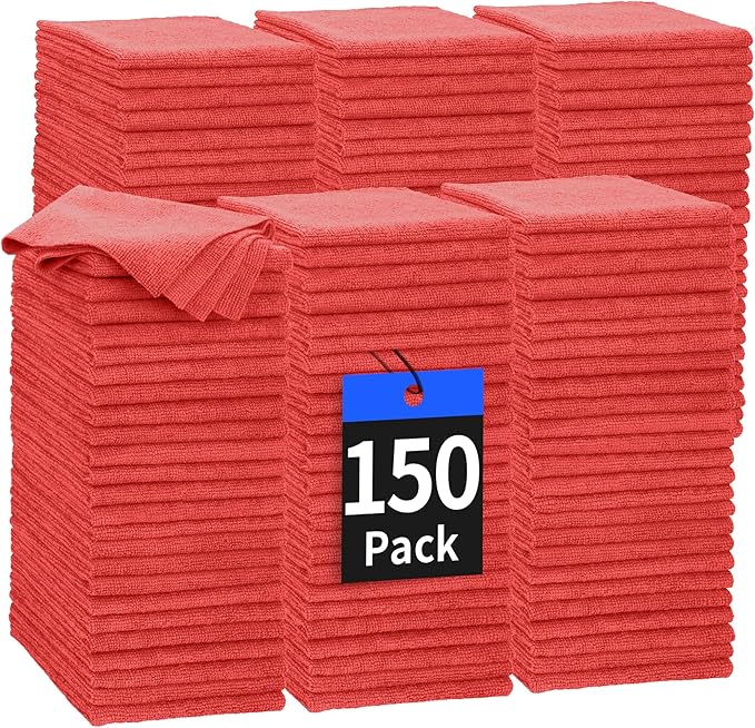 Microfiber Cleaning Cloth, 150 Pack Cleaning Rags Microfiber Towel Bulk Absorbent Lint-Free WashCloths, All-Purpose Towels for Cars, Shop, Automotive, Garage, Home Kitchen 11.5"*11.5", Red