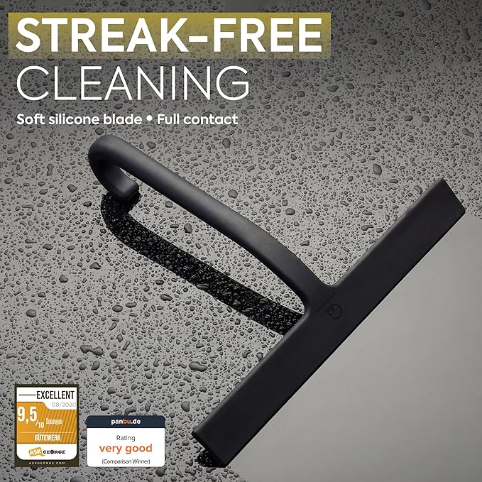 GÜTEWERK Shower Squeegee for Glass Doors – Bathroom Squeegee for Shower Glass & Tile Walls, Streak-Free & No-Squeak Silicone Blade, Stainless Steel Core, Hang Hook + Suction Cup, Black, 10 Inch
