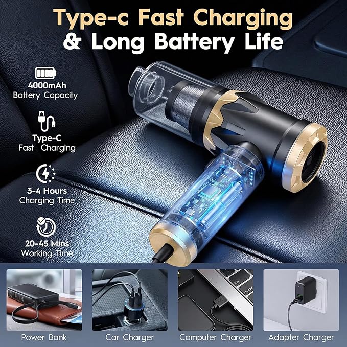 Car Vacuum Cleaner,Handheld Vacuum,15000PA High Power,3 Speed Portable Rechargeable Vacuum Cleaner with Brushless Motor,Cordless Small Vacuum for Car & Air Blower & Pump Black