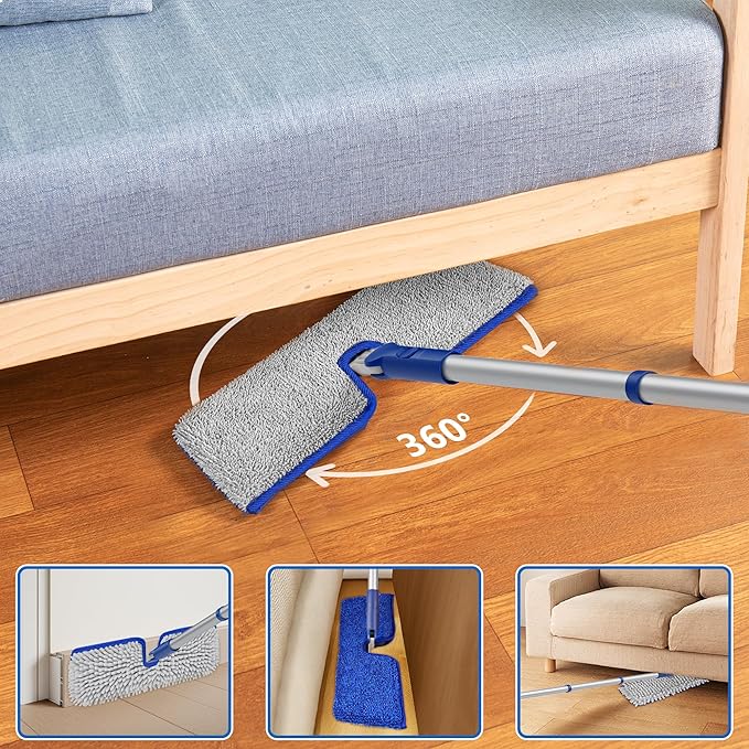2-Sided Microfiber Dust Mop: Dry Flat Wall Mop for Hardwood Floors with 3 Reusable Pads Reversible Head for Apartment Kitchen Tile Laminate Pet Hair Cleaning