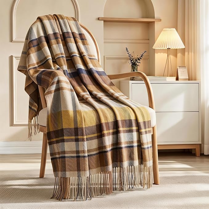 Wool Plaid Throw Blanket,Skin-Safe Warm Throw for Couch & Travel