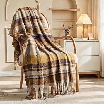 Wool Plaid Throw Blanket,Skin-Safe Warm Throw for Couch & Travel