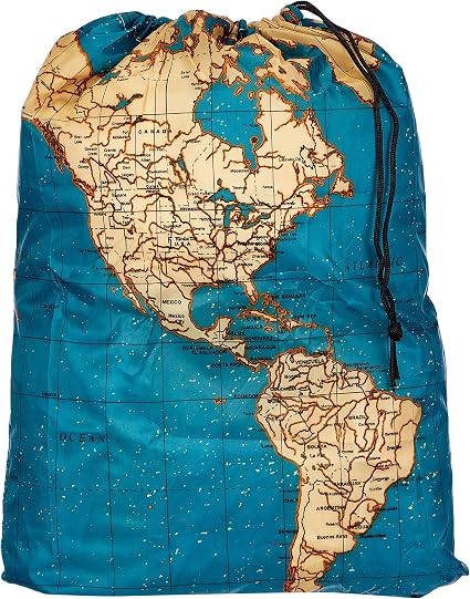 Kikkerland Travel-Size Laundry Bag, World Map Design Heavy Duty Laundry Bag, Polyester, Built-in Pouch, Inner Loop and C