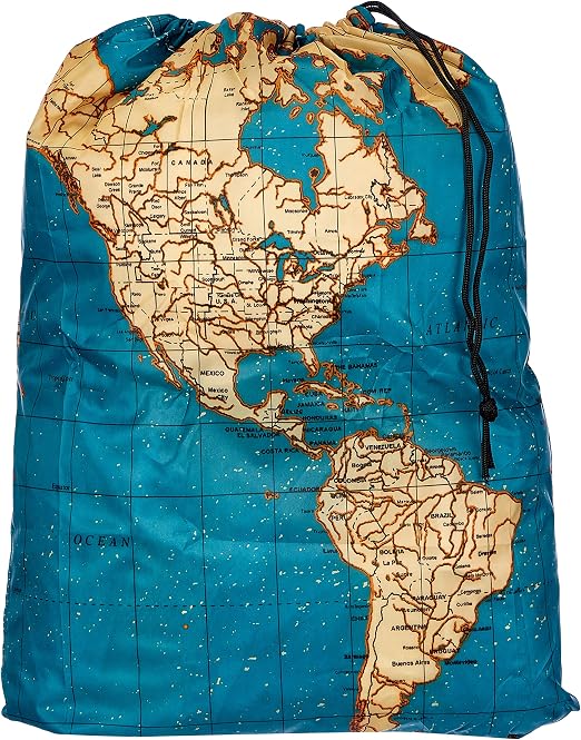 Kikkerland Travel-Size Laundry Bag, World Map Design Heavy Duty Laundry Bag, Polyester, Built-in Pouch, Inner Loop and C