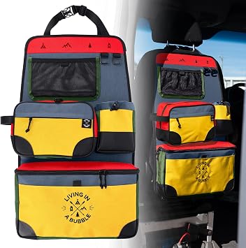 Living in a Bubble Seat back Organizer – Magnetic Toiletry and Cooler Pouch, Cordura Car Backseat Storage with Device Ho