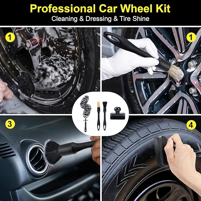 Large Tire Shine Applicator & Bendable Wheel Brush Set for Detailing Cleaning and Tire Shine,Automotive Tire Dressing Applicator Brush with Storage Stand for Tire Detailing & Car Wash Kit,Black-4pcs