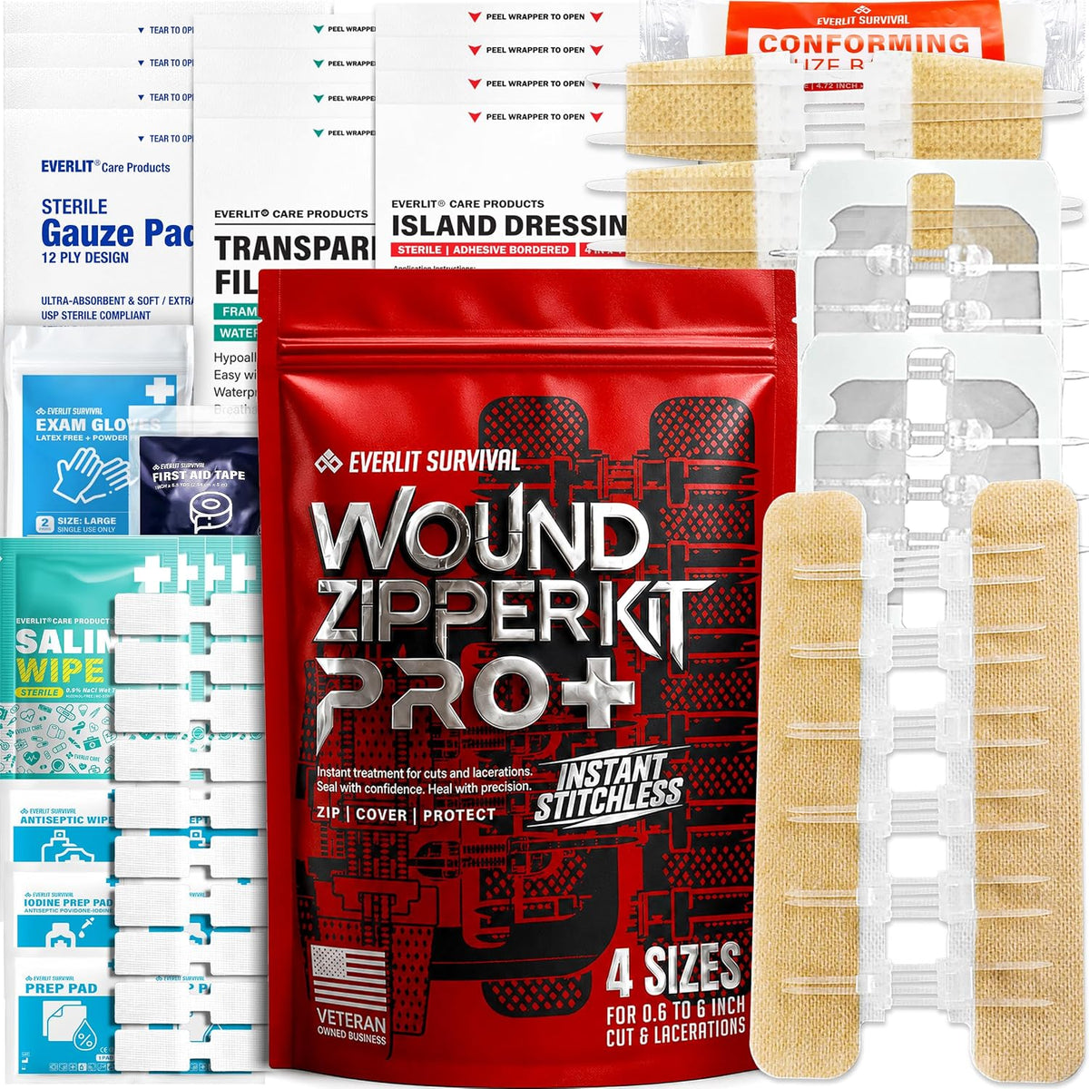 Wound Closure Kit | Surgical Zip-Stitch Devices for Cut & Laceration | Sterile, Suture-Free, Stitch-Less Adhesive Butterfly Bandages for Emergency First Aid Wound Care (Ultimate Pro+ Kit)