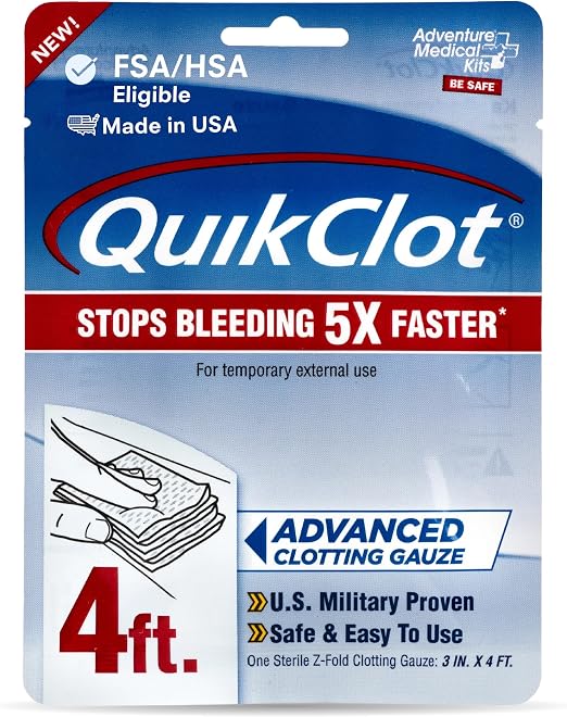 Adventure Medical Kits QuikClot Advanced Clotting Gauze - Stops Bleeding Up to 5X Faster Than Standard Gauze - Kaolin He