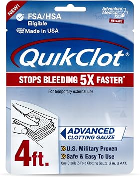 Adventure Medical Kits QuikClot Advanced Clotting Gauze - Stops Bleeding Up to 5X Faster Than Standard Gauze - Kaolin He