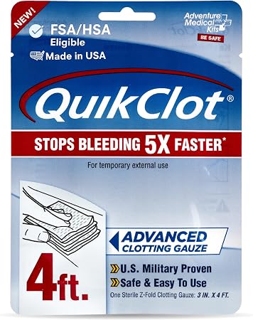 Adventure Medical Kits QuikClot Advanced Clotting Gauze - Stops Bleeding Up to 5X Faster Than Standard Gauze - Kaolin He