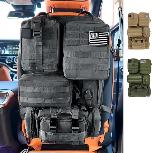 6 Pack Tactical MOLLE Car Seat Back Organizer - Universal Vehicle Storage Bag with 5 Detachable MOLLE Pouches, US Flag P