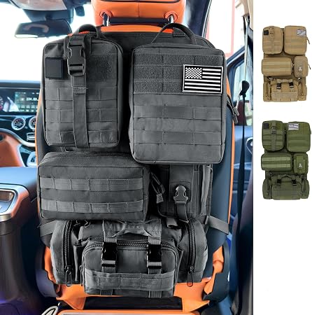 6 Pack Tactical MOLLE Car Seat Back Organizer - Universal Vehicle Storage Bag with 5 Detachable MOLLE Pouches, US Flag P