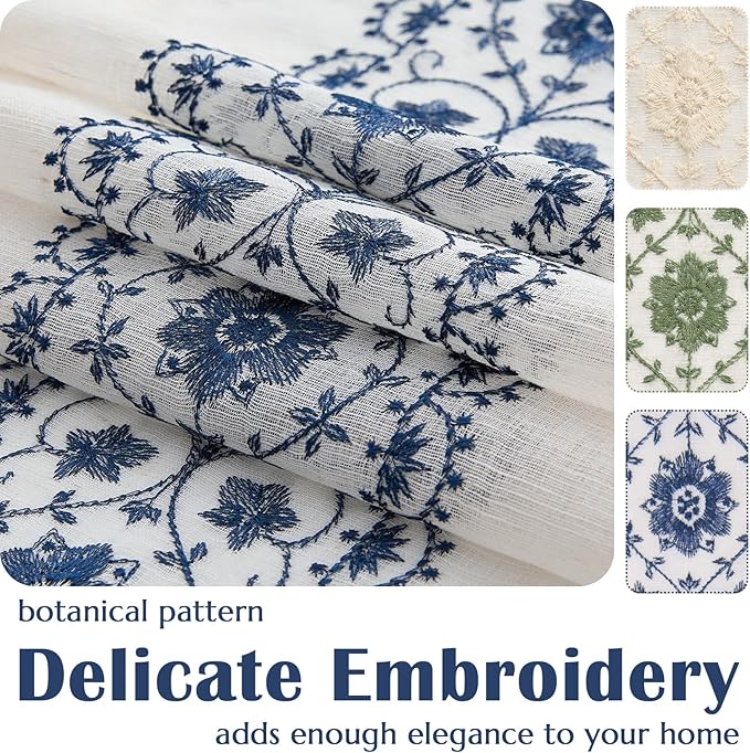 jinchan French Sheer Volie Door Curtain Embroidered Farmhouse Linen Curtain for Patio Door with Tie up Bows Light Filtering for Door Window Closet Rod Pocket 40 Inches 1 Panel Blue on Beige