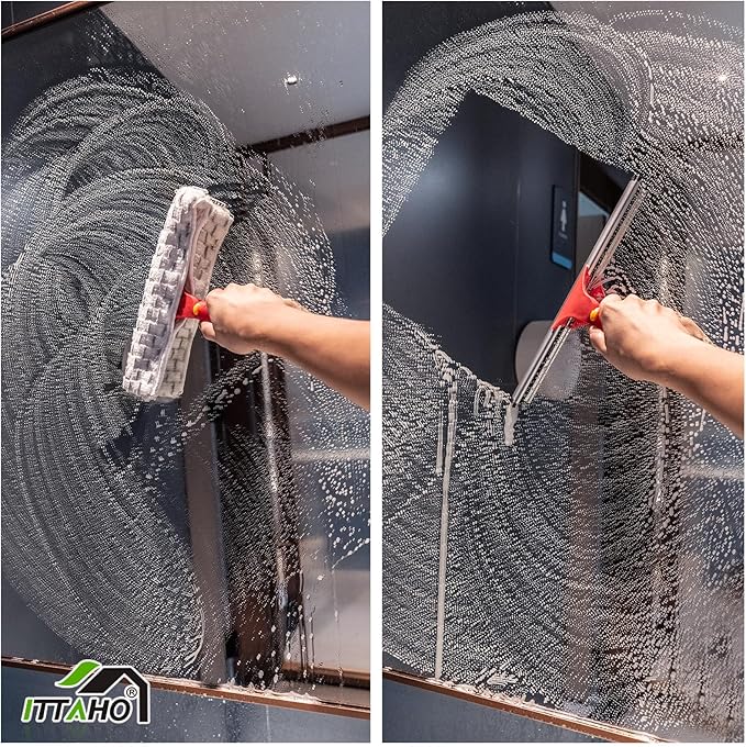 Squeegee for Window Cleaning, 12" Squeegee and 11" Microfiber Scrubber Combi with Stainless Steel Pole, Extendable Window Cleaner for Car, Sliding Door, Shower Glass Door-Swivel Style-2 Pads