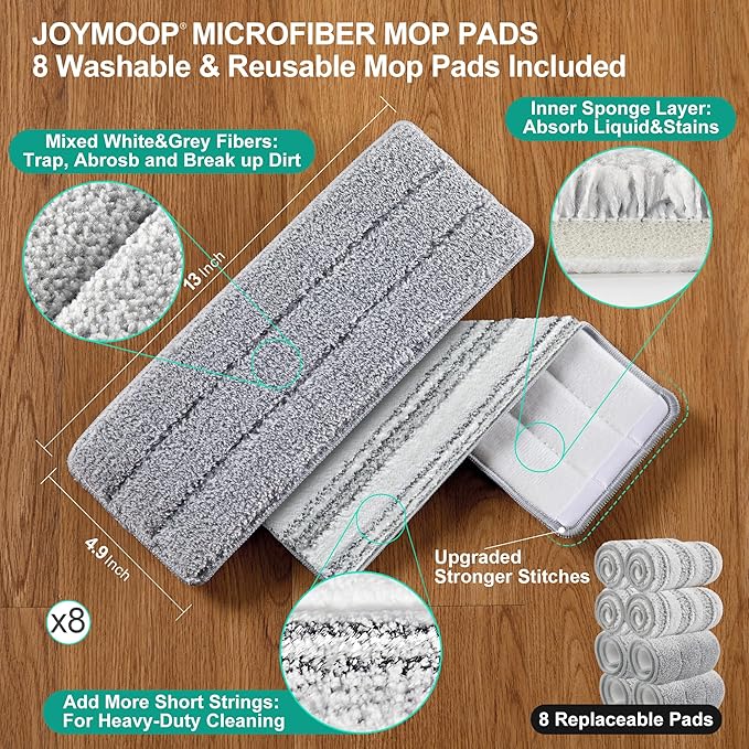 JOYMOOP Flat Mop System, Microfiber Mop and Bucket Set, White, Household & Commercial Floor Cleaning Mop with Long Handle, Wet Dry Use, Includes 8 Mop Pads
