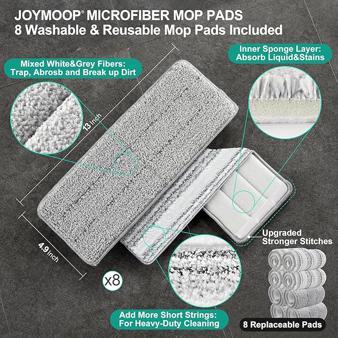 JOYMOOP Mop and Bucket Set for Floor and Wall Cleaning, Commercial and Household Use, Flat Mop System with 60" Dual Mops + 8 Pads