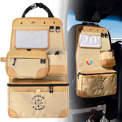 Living in a Bubble Seat back Organizer – Magnetic Toiletry and Cooler Pouch, Cordura Car Backseat Storage with Device Ho