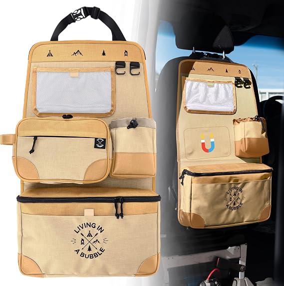 Living in a Bubble Seat back Organizer – Magnetic Toiletry and Cooler Pouch, Cordura Car Backseat Storage with Device Ho