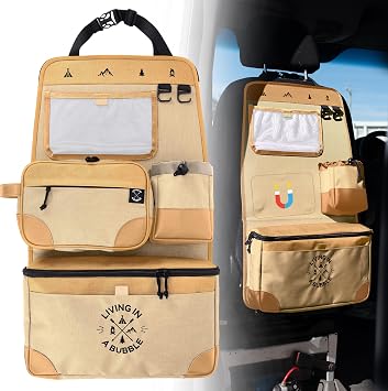Living in a Bubble Seat back Organizer – Magnetic Toiletry and Cooler Pouch, Cordura Car Backseat Storage with Device Ho