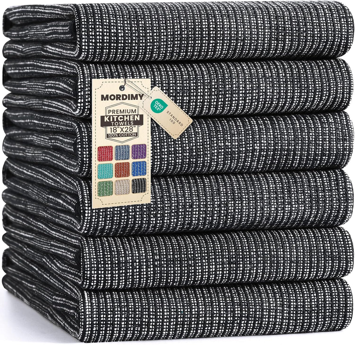 Premium Large Cotton Kitchen Towels (18"x 28", 6 Pack), Black