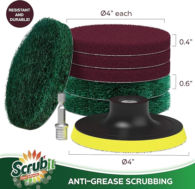 SCRUBIT Drill Brush Power Scouring Pads - Heavy Duty Tub and Tile Cleaner - Drill Scrubber Brush kit Includes Drill Attachment, 3 Red, 3 Stiff Green Scrubber Pads