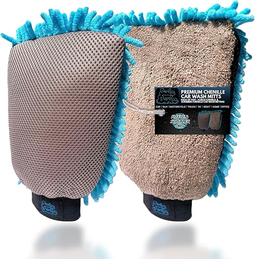 Sudz Budz® Premium Microfiber Chenille Car Washing Mitt 2 Pack | 2-in-1 Double-Sided Scrubber and Fleece Mitts. Soft, Du