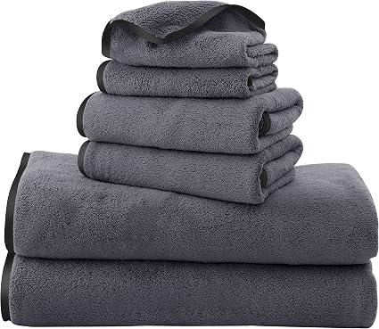 TENSTARS Luxury Silk Hemming Towel Set - Light Thin Quick Drying - 2 Bath Towels 2 Hand Towels 2 Washcloths - Ultra Soft