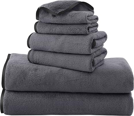 TENSTARS Luxury Silk Hemming Towel Set - Light Thin Quick Drying - 2 Bath Towels 2 Hand Towels 2 Washcloths - Ultra Soft