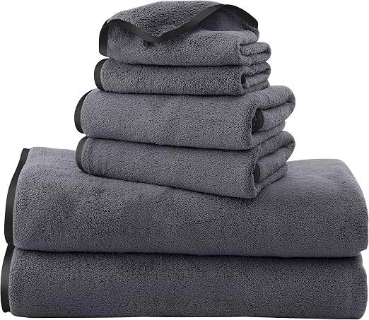 TENSTARS Luxury Silk Hemming Towel Set - Light Thin Quick Drying - 2 Bath Towels 2 Hand Towels 2 Washcloths - Ultra Soft